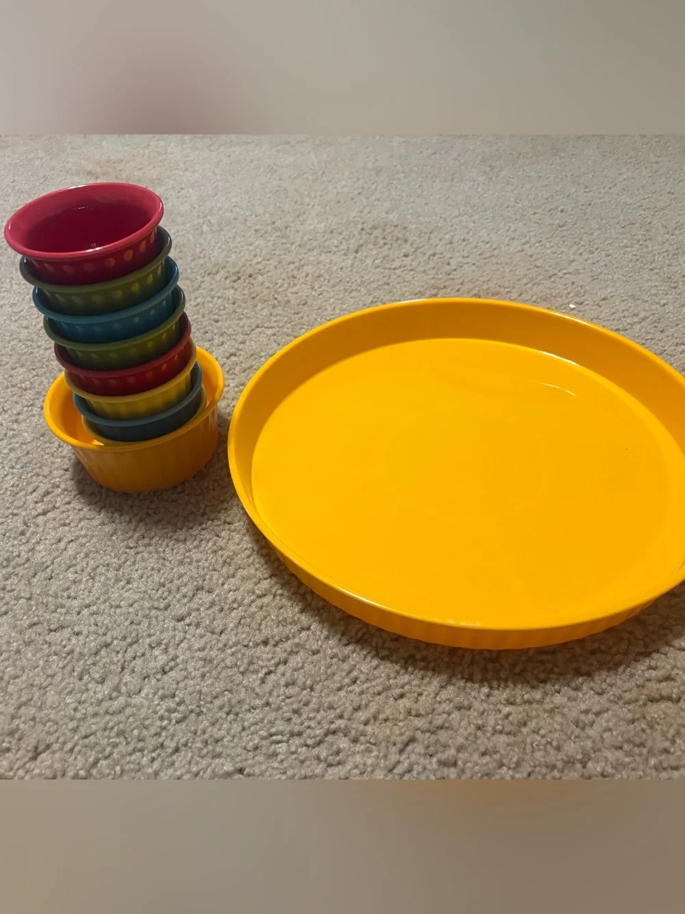 Bright Yellow Serving Tray with Colorful Stackable Bowls